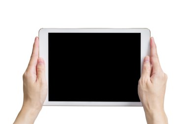 Tablet izole beyaz üzerinde tutan el kadın kapatmak