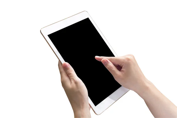 Nära håll handen kvinna som håller Tablet PC och pekskärm isolerade — Stockfoto