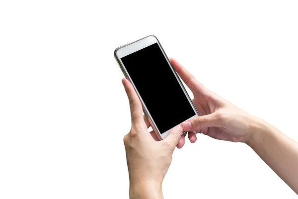 Fechar mão mulher segurando telefone e touchscreen no isolado — Fotografia de Stock