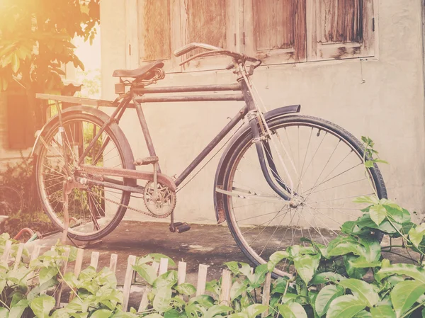 Vintage bicycle or old bicycle vintage park on old wall home. — Stock Photo, Image