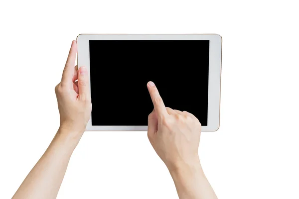 Close-up Hand Frau hält Tablet und Touchscreen auf isolierten w — Stockfoto