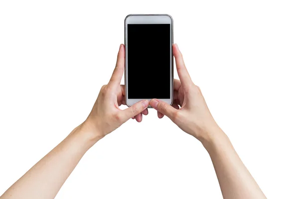 Close-up van de hand vrouw met telefoon en touchscreen op geïsoleerde wh — Stockfoto