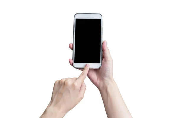 Mão usando telefone em branco isolado. Mulher mão tocando telefone em — Fotografia de Stock