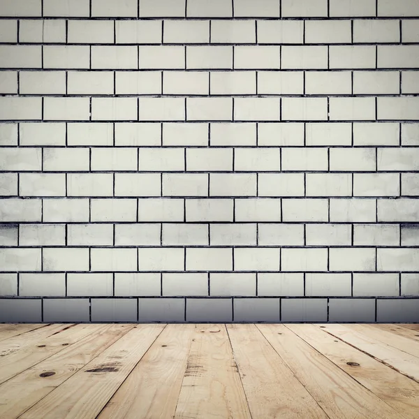 Grunge fondo de pared de ladrillo blanco y perspectiva de suelo de madera ro — Foto de Stock