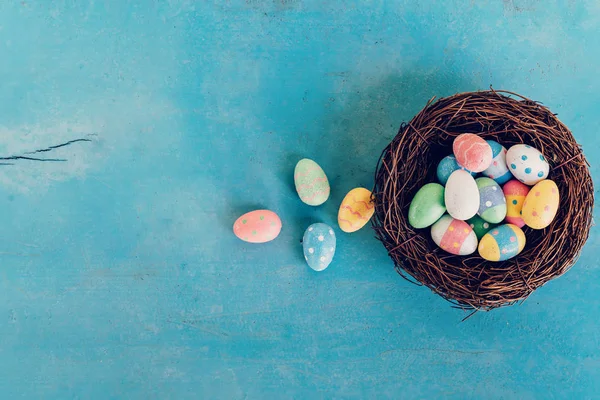 Uovo di Pasqua colorato nel nido su dorso in legno blu pastello — Foto Stock