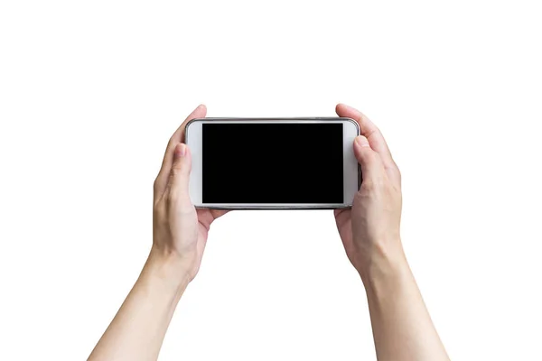 Hand weiblich hält Telefon auf isoliert weiß mit Clipping-Pfad. — Stockfoto