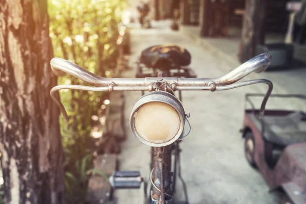 Old vintage bicycle and light in garden — Stock Photo, Image