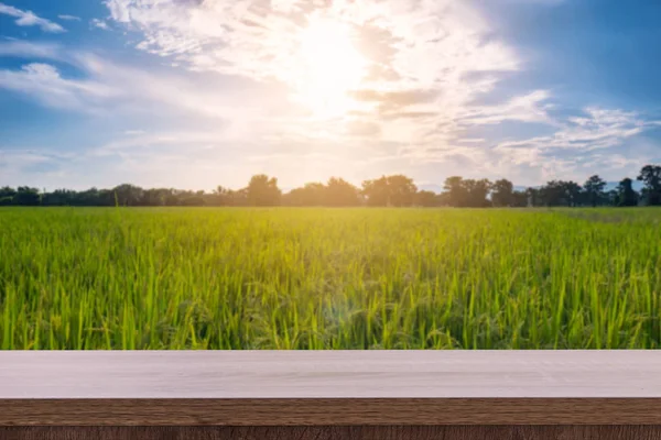 Holztisch und Platz für Produktdisplay-Montage mit Reisfeld — Stockfoto