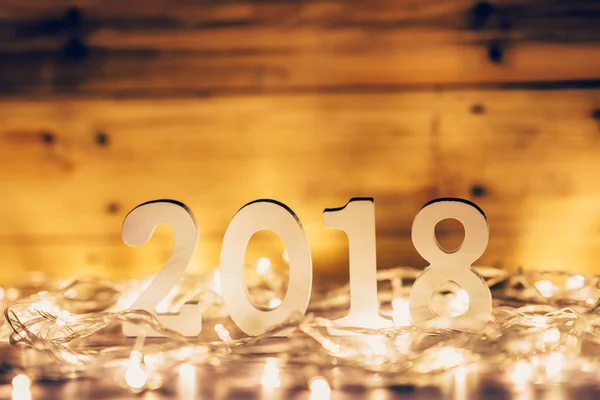 New Year concept for 2018 : Wood numbers 2018 on wood table top — Stock Photo, Image