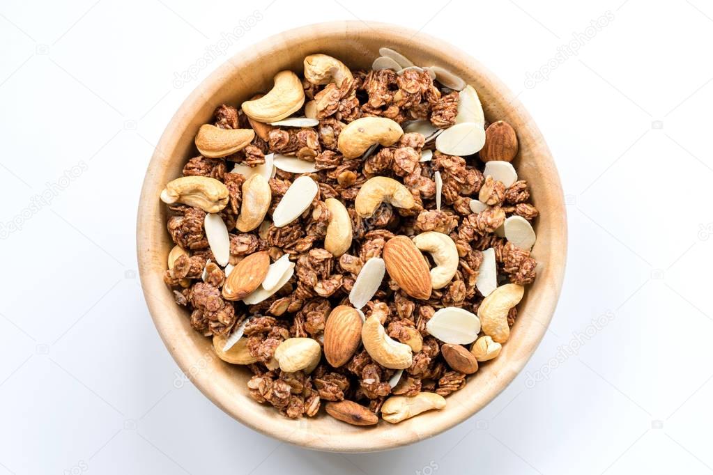 Bowl of Muesli and granola Isolated on White Top View.