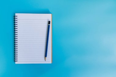 Üstten Görünüm defter kağıt spa ile mavi pastel renk arka plan üzerinde