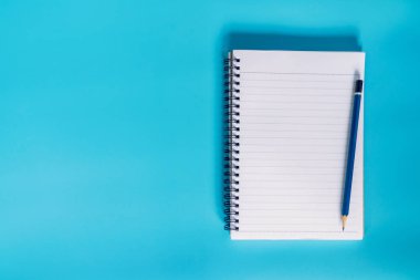 Üstten Görünüm defter kağıt spa ile mavi pastel renk arka plan üzerinde