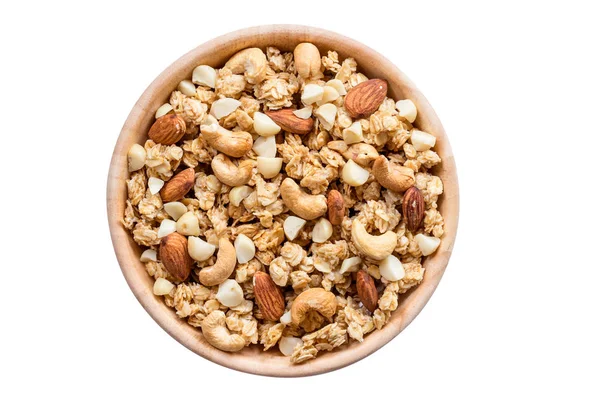 Bovenaanzicht granola in de kom op Close-up geïsoleerd met knippen — Stockfoto