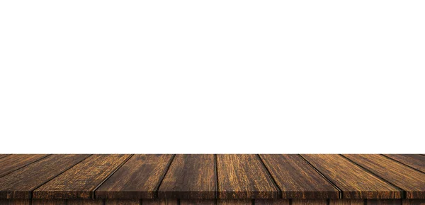 Prázdný dřevěný stůl na izolovat bílé pozadí a zobrazit montáž — Stock fotografie