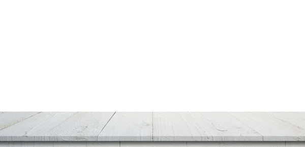 Leere Holztischpanorama auf isoliertem weißem Hintergrund und Displa — Stockfoto