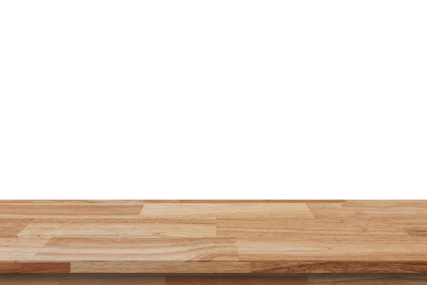 Mesa de madeira vazia no fundo branco isolado e montagem de exibição — Fotografia de Stock
