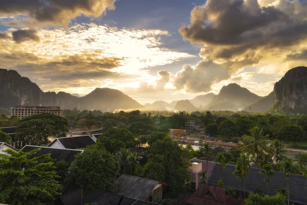 Vista Del Atardecer Vang Vieng Laos — Foto de Stock
