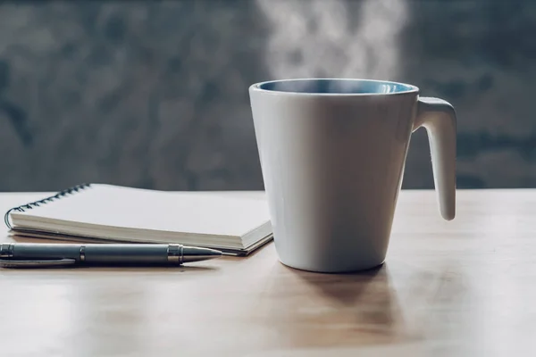 Cup Coffee Notepad Pen Wood Table — Stock Photo, Image