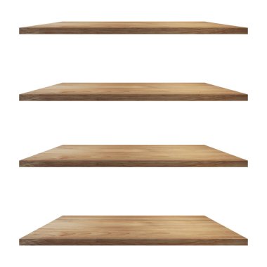 4 Ahşap raf tablo beyaz arkaplan izole ve ürün için montaj.