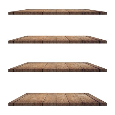 4 Ahşap raf tablo beyaz arkaplan izole ve ürün için montaj.