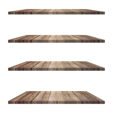 4 Ahşap raf tablo beyaz arkaplan izole ve ürün için montaj.