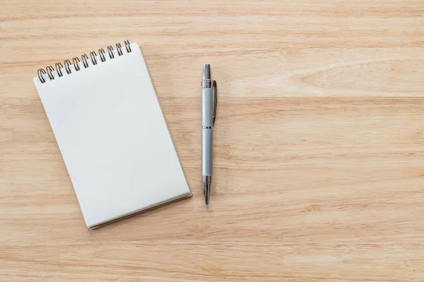 Top View Blank Notebook Pen Natural Light Wooden Table — Stock Photo, Image