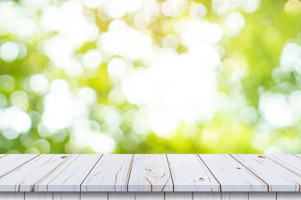 Abstracto Jardín Borroso Hoja Verde Con Fondo Mostrador Mesa Madera — Foto de Stock