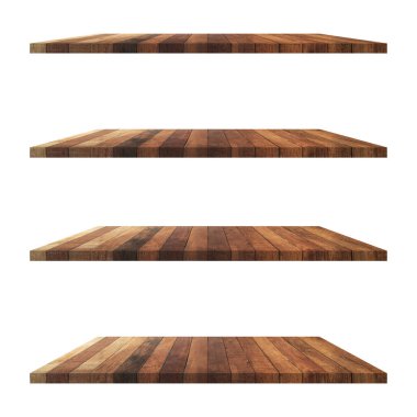 4 Ahşap raf tablo beyaz arkaplan izole ve ürün için montaj.