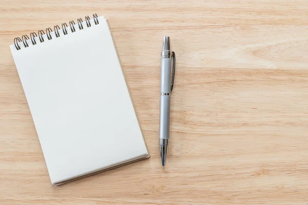 Top View Blank Notebook Pen Natural Light Wooden Table — Stock Photo, Image