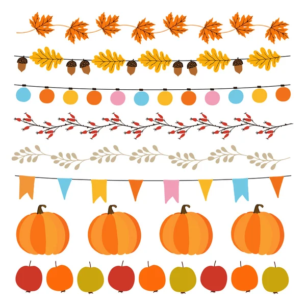 Set van leuke herfst, vallen slingers met verlichting, vlaggen, acorns, bladeren, pompoenen, appels en rozenbottels. Tuinfeest decoratie — Stockvector