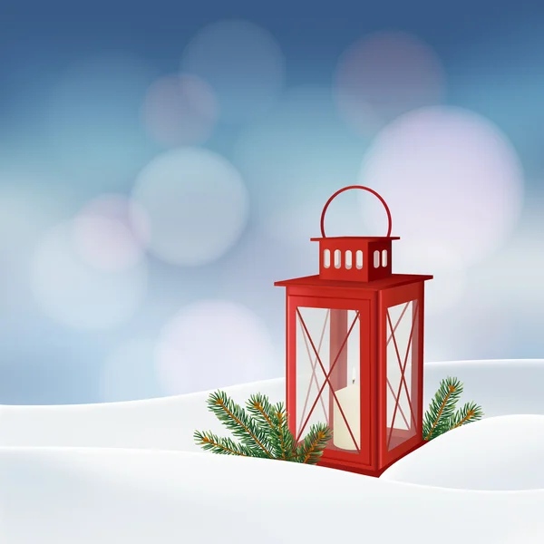 Christmas gratulationskort, inbjudan. Vinter scen med röda lyktan, brinnande ljus, julgran grenar, kvistar, snow.vector — Stock vektor