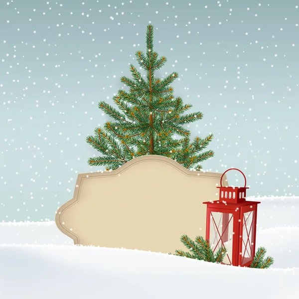 Ретро, старинные рождественские открытки, приглашение. Снежный зимний пейзаж с елкой, елкой, бумажной этикеткой, красным ланом — стоковый вектор
