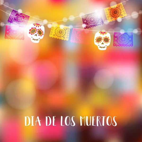 Dia de Los Muertos, de dag van de doden of Halloween card, uitnodiging. Feestdecoratie, koord van lichten, partij vlaggen met schedels. — Stockvector