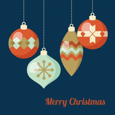Retro Noel tebrik kartı, davet. Asılı Noel topları, baubles, süs eşyaları. Düz tasarım. Vektör çizim.