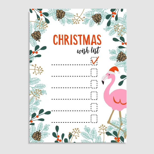 Cartão de Natal bonito, lista de desejos. Flamingo com chapéu de Papai Noel e moldura floral feita de ramos de árvore de Natal e bagas vermelhas . — Vetor de Stock