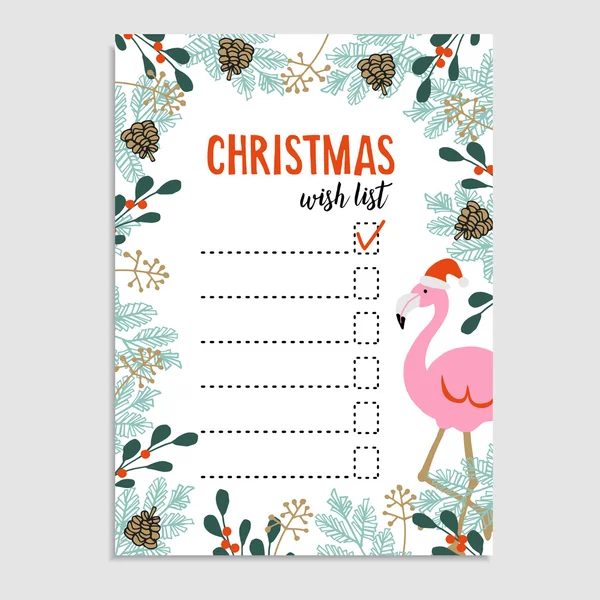 Cute Christmas card, wish list. Flamingo with Santa hat and floral frame made of Christmas tree branches and red berries. — ストックベクタ