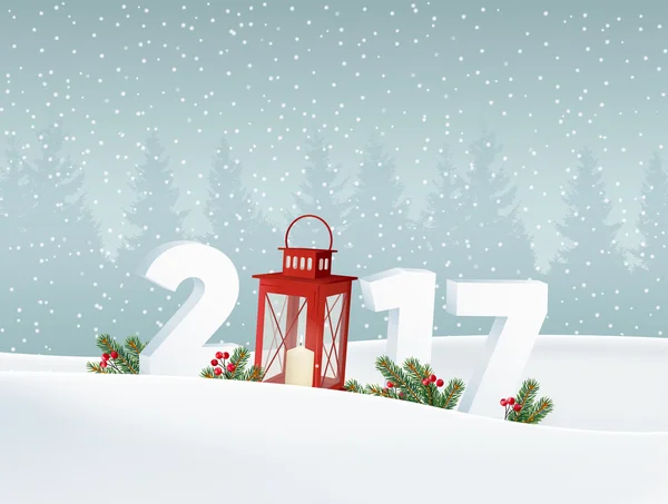 Feliz año nuevo 2017. Paisaje blanco de invierno con bosque, números, nieve cayendo. Decoración de Navidad con ramas de abeto . — Vector de stock