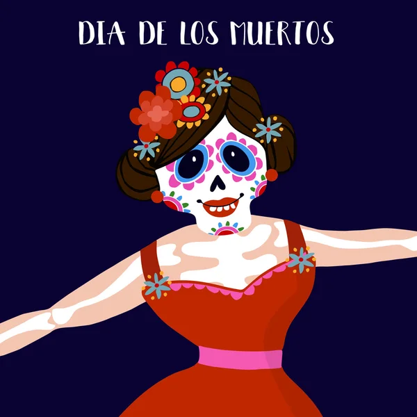 Dia de Los Muertos greeting card, invitation. Mexican Day of the Dead.  Woman with  flowers dressed as skeleton. Ornamental skul — Stock vektor