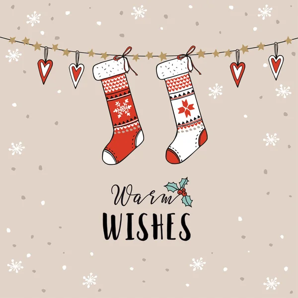 Vintage Christmas, New Year greeting card, invitation. Traditional decoration, hanging knitted socks, stockings, hearts, snow. — Stock vektor