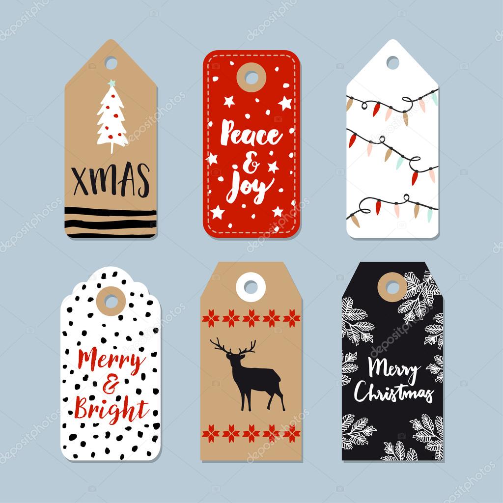 Vintage Christmas gift tags set. Hand drawn labels with Christmas tree, deer , stars and lights. Isolated vector illustration