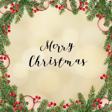 Dekoratif geleneksel Merry Christmas çerçeve, çelenk. Köknar, Ladin yeşil dallar kırmızı meyveler ve kurutulmuş elma ile dekore edilmiş.