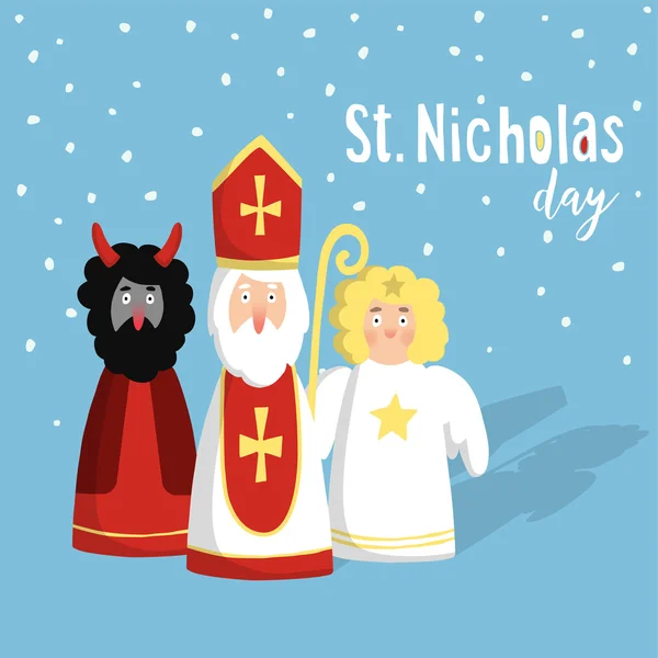 Cute St. Nicholas with devil and angel, christmas invitation, card. Flat design, vector illustration, winter background. — Stock Vector
