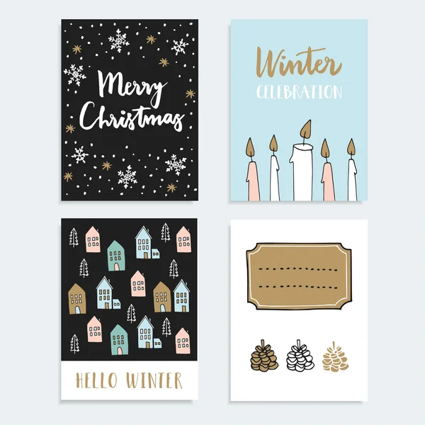 Conjunto de Navidad, felicitación de Año Nuevo, tarjetas de diario, invitaciones. Ilustración hecha a mano. Velas, copos de nieve, casas de invierno — Vector de stock