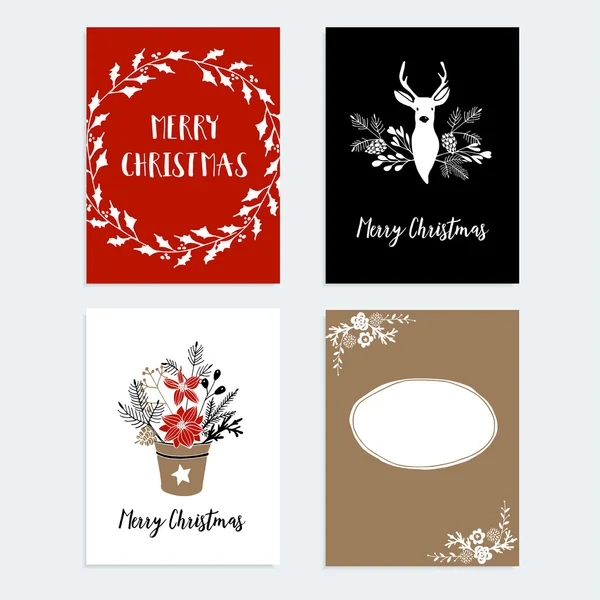 Weihnachts- und Neujahrsgrüße, Zeitschriftenkarten, Einladungen. handgezeichnete Rentiere, Stechpalmenkranz, Weihnachtsstern. — Stockvektor