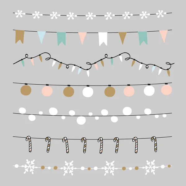Set of Christmas borders, strings, garlands, brushes. Praty decoration with Christmas balls, baubles, lights, flags. vector. — Stockový vektor