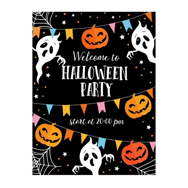 Halloween oder dia de los muertos card, Partyeinladung. Dekoration mit ausgeflippten Kürbissen, Parteifahnen, Geistern, Spinnen — Stockvektor