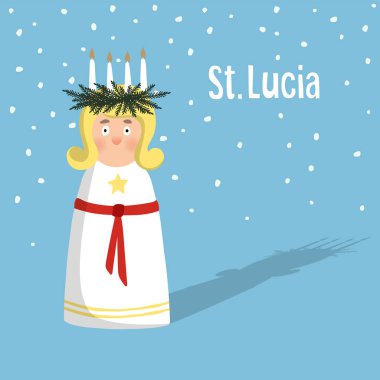 Çelenk ve mum taç, Saint Lucia ile küçük sarışın kız. İsveçli Noel geleneği, vektör çizim arka plan.