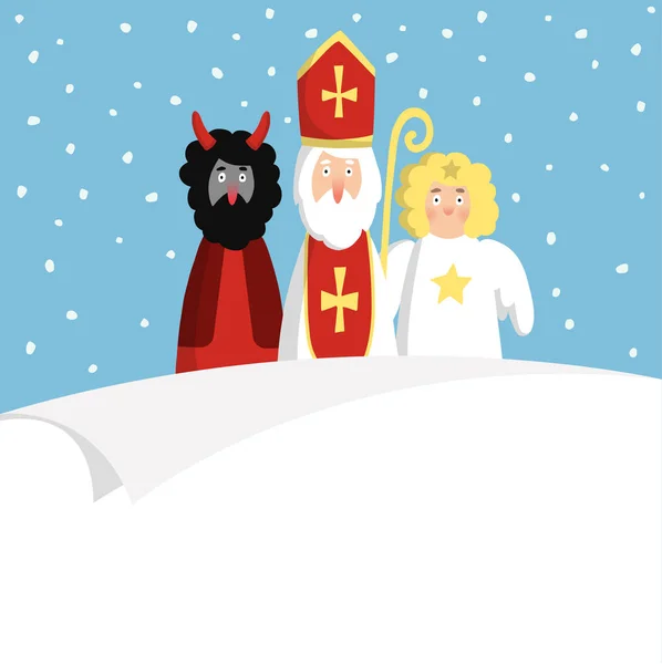 San Nicolás con diablo, ángel y papel en blanco. Linda invitación de Navidad, tarjeta, lista de deseos. Diseño plano, ilustración vectorial . — Vector de stock