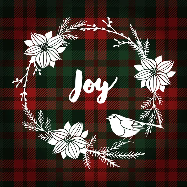 Christmas wenskaart, uitnodiging. Finch vogel en witte kerst krans gemaakt van poinsettia, fir takken. Tartan achtergrond — Stockvector
