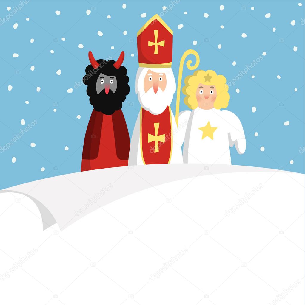 St. Nicholas with devil,angel and blank paper. Cute Christmas invitation, card, wish list. Flat design, vector illustration.